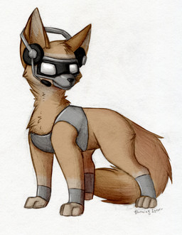 ambiguous_gender armor brown_body brown_ears brown_fur brown_tail cheek_tuft chest_tuft electronics facial_tuft feral fur head_tuft headgear headphones headset mask neck_tuft quadruped simple_background solo tail tuft white_background bloominglynx canid canine fox mammal 2019 hi_res signature traditional_media_(artwork)