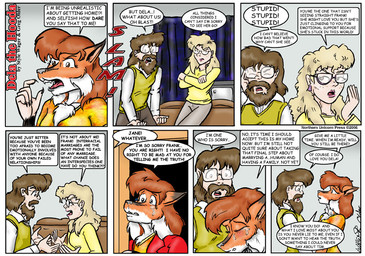 angry anthro beard bed blonde_hair breasts brown_hair chest_tuft clothed clothed_female clothed_male clothing dialogue dipstick_ears ear_markings eyes_closed eyewear facial_hair female fur furniture glasses group hair inside male male/female multicolored_ears mustache orange_body orange_fur orange_hair shirt text topwear trio tuft style_wager dela_the_hooda dela_aldershaw frank_dunn jane_dunn canid canine fox hooda human mammal 2006 comic english_text monochrome