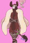 2021 anthro arm_under_breasts beastars black_nose bottomless breasts brown_body brown_fur clothed clothing coat coat_only cosmo_(beastars) crossed_arms female fur fur_coat genitals giraffid legband looking_at_viewer mammal money mostly_nude multicolored_body multicolored_fur navel nipples nude okapi pinup pose prostitution pussy signature smoke smoking_pipe solo standing striped_body striped_fur stripes thorso_the_vile topwear topwear_only two_tone_body two_tone_fur white_body white_fur white_stripes