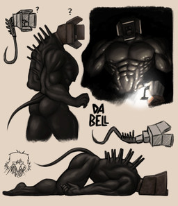 abs black_body butt disembodied_hand holding_object lamp lantern looking_at_viewer looking_back looking_back_at_viewer looking_down lying male nipples not_furry nude on_front question_mark solo spines tail text red_safe_boi vintage_story bell_(vintage_story) humanoid 2025 absurd_res digital_media_(artwork) english_text hatching_(art) hi_res shaded signature