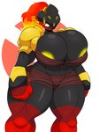 3:4 areola armarouge bandage big_breasts breasts cleavage clothed clothing female fire generation_9_pokemon hi_res huge_breasts huge_hips huge_thighs humanoid multicolored_body nintendo omegabrawl orange_pupils pokemon pokemon_(species) pupils red_eyes shoulder_guards solo thick_thighs two_tone_body wide_hips wrappings yellow_areola