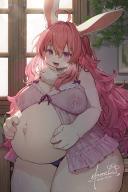 ahoge anthro babydoll belly big_belly big_breasts blush bodily_fluids breasts buckteeth camel_toe cleavage clothed clothing curvy_figure eyebrows female fur hair lactating lingerie looking_at_viewer milk navel nightgown nipples panties pink_hair pregnant pregnant_anthro pregnant_female purple_eyes solo teeth thick_eyebrows thick_thighs translucent translucent_clothing underwear visible white_body white_fur wide_hips mamemochi_hobby magnolia_(guydyle) lagomorph leporid mammal rabbit absurd_res hi_res