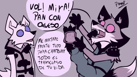 anthro bread claws clothed clothing dialogue duo feet food fur male orange_body orange_fur spikes tail text toe_claws white_body white_fur pinumontbalou epic_games fortnite fennix_(fortnite) volpez_(fortnite) arctic_fox canid canine canis fox mammal red_fox true_fox 16:9 hi_res spanish_text widescreen brother_(lore) brothers_(lore) sibling_(lore)