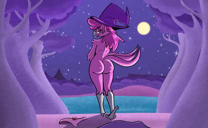anthro big_butt butt clothing clothing_aside discarded_clothing discarded_underwear female hat hat_only headgear headgear_only headwear headwear_only lake looking_at_viewer magic_user mature_female mostly_nude night nude outside panties panties_aside seductive solo underwear underwear_aside witch witch_hat y_shaped_butt_crack birbpan paula_(birbpan) avian hi_res