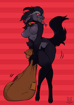 anthro bell bell_collar biped black_body black_fur black_hair breasts collar fangs female forked_tongue fur grey_body grey_fur hair holidays hooves horn looking_at_viewer nipples pattern_background pupils red_background red_eyes sack simple_background slit_pupils smile solo striped_background teeth tongue tongue_out phallusbro christmas krampus bovid caprine caprine_demon demon goat_demon mammal 2021 hi_res