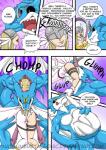abdominal_bulge angewomon anthro armor bandai_namco blue_body blue_skin breasts camel_toe comic countershading dialogue digimon digimon_(species) distracting_watermark duo english_text exveemon female female_prey headgear helmet humanoid male male_pred muscular natsumemetalsonic speech_bubble surprise text url vore watermark