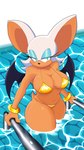 anthro bat_wings big_breasts big_ears bikini black_nose black_wings bracelet breasts clothing eyelashes female front_view fur gold_bikini gold_swimwear green_eyes jewelry lipstick looking_at_viewer makeup membrane_(anatomy) membranous_wings partially_submerged pink_lipstick smile solo standing_in_water swimming_pool swimwear tan_body tan_fur thick_thighs two-piece_swimsuit white_body white_fur wide_hips wings sayuraa sega sonic_the_hedgehog_(series) rouge_the_bat bat mammal 9:16 absurd_res hi_res