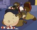 anthro belly belly_overhang big_belly big_breasts breasts digitigrade drunk eggnog force_feeding forced inflation navel substance_intoxication weight_gain bitecreep lattice_lain canid canine canis jackal mammal raccoon_dog tanuki hi_res