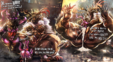 anthro balls big_balls big_butt big_penis bodily_fluids body_hair breasts butt claws clothing corset cum cum_drip cum_in_vagina cum_inside cum_on_body dialogue dripping duo feet female femboy fur genital_fluids genitals hairy_balls hat headgear headwear horn larger_sub legwear lingerie male male/female nipples penetration penis profanity pubes sex size_difference small_penis smaller_male stockings submissive sweat tail teeth text topwear vaginal vaginal_penetration white_body white_fur rongo_dombo bloodborne fromsoftware sony_corporation sony_interactive_entertainment eternal_rose_(darkescape) beast_(bloodborne) cleric_beast_(bloodborne) eldritch_abomination eldritch_being humanoid mammal monster monstrous_humanoid absurd_res comic english_text hi_res huge_filesize