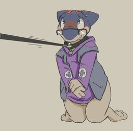 3_toes ambiguous_gender anthro blush bodily_fluids bottomless clothed clothing collar eyewear featureless_crotch feet glasses hoodie kneeling leash leash_pull offscreen_character semi-anthro simple_background slightly_chubby solo sweat sweatshirt toes topwear aftermoles nintendo pokemon cyndan generation_2_pokemon pokemon_(species) quilava