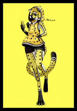 anthro black_tongue bottomwear claws clothing female floppy_ears folded_ears hair hood_up looking_at_viewer markings multicolored_hair on_one_leg pattern_clothing short_ears shorts simple_background sleeveless_hoodie solo spots spotted_body spotted_markings spotted_tail standing striped_markings striped_tail stripes tail tail_markings tongue yellow_background yellow_eyes toipokun_oyashi monster_energy cheetah felid feline mammal robot_anthro absurd_res hi_res