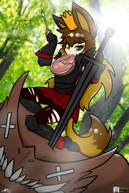 armor bottomwear clothing corpse crown cutlery death female food fork headgear kitchen_utensils meat melee_weapon skirt solo sword tools weapon halotroll fenris_ulfr animal_humanoid canid canine canis humanoid mammal wolf 2:3 absurd_res hi_res