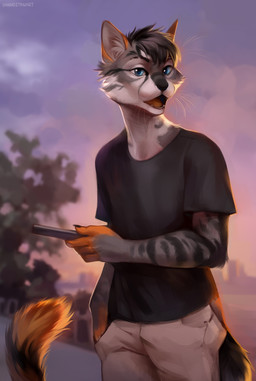 4_fingers anthro biped black_clothing black_hair black_shirt black_topwear blue_eyes blurred_background bottomwear clothing countershade_face countershade_neck countershading day detailed_background eyebrows eyelashes fingerless_(marking) fingers fluffy fluffy_tail fur glistening glistening_eyes grey_body grey_fur hair hand_in_pocket holding_object light male open_mouth outside pants pockets shirt sky solo standing sunlight sunset tail teeth tongue topwear whiskers white_body white_bottomwear white_clothing white_countershading white_pants dannoitanart domestic_cat felid feline felis mammal 2021 digital_media_(artwork) digital_painting_(artwork) hi_res painting_(artwork) portrait shaded signature three-quarter_portrait