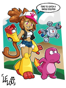 anthro bottomwear breasts brown_body brown_hair clothing cosplay crop_top crossover_cosplay denim denim_bottomwear denim_clothing denim_shorts dialogue female group hair hat headgear headwear key_stone_(pokemon) machine magenta_eyes male midriff pokeball ponytail shirt shorts text thong_straps topwear trio vest whiskers yellow_sclera lelooamb gameoverse glitch_productions nintendo pokemon gobbles_(gameoverse) hilda_(pokemon) kaboodle_(gameoverse) kit_bodega charmander dinosaur domestic_cat felid feline felis generation_1_pokemon magnemite mammal pokemon_(species) prehistoric_species reptile robot scalie 2026 crossover english_text hi_res signature