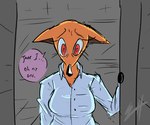 anthro bathroom blouse clothing dialogue dress_shirt ears_down female female_anthro fur orange_body orange_fur pivoted_ears public_restroom red_eyes restroom_stall shirt solo speech_bubble text topwear biscotti5000 mach_(biscotti5000) canid canine fox mammal digital_media_(artwork) english_text hi_res