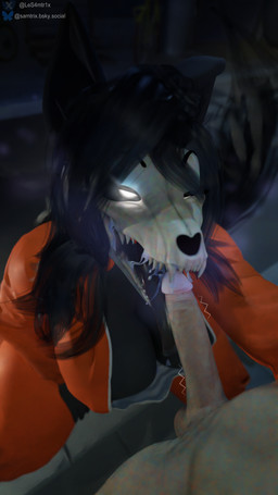 anthro big_breasts black_body black_fur bodily_fluids breasts clothed clothed_female clothing cum cum_drip cum_in_mouth cum_inside cumshot dominant dominant_female dripping duo ejaculation fellatio female fur genital_fluids genitals glowing glowing_eyes larger_female male male/female nude nude_male oral partially_clothed penile penis sex size_difference smile thick_thighs tongue tongue_out samtrix scrag_(modeler) scp_foundation hael_(fortnite) scp-1471-a canid canine canis human malo mammal wolf 3d_(artwork) 4k 9:16 absurd_res digital_media_(artwork) hi_res