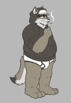 3_toes 4_fingers anthro arm_tuft biped black_clothing black_hoodie black_nose black_topwear briefs bulge cigarette clothed clothing drawyourfursona elbow_tuft feet fingers fist fur grey_background grey_body grey_fur half-closed_eyes hat headgear headwear hoodie hoodie/briefs_meme inner_ear_fluff knee_tuft leg_tuft looking_at_viewer male morse_code narrowed_eyes simple_background slightly_chubby smoke smoking solo standing three-quarter_view toes topwear tuft underwear heyitscousindave meme_clothing cousin_dave canid canine canis coyote mammal 2020 digital_media_(artwork) hi_res meme