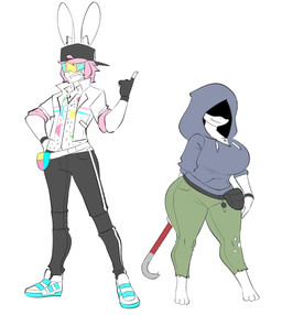 anthro backwards_baseball_cap backwards_hat barefoot baseball_cap big_breasts biped black_baseball_cap black_bottomwear black_clothing black_fingerless_gloves black_gloves black_handwear black_pants bottomwear breasts chest_tuft cleavage clothed clothed_anthro clothed_female clothed_male clothing crowbar duo fanny_pack feet female fingerless_gloves fully_clothed fully_clothed_anthro fully_clothed_male fur furgonomic_baseball_cap furgonomic_hat furgonomic_headwear furgonomics gesture gloves green_bottomwear green_clothing green_pants grey_clothing grey_hoodie grey_topwear grin hair hand_gesture hand_on_hip handwear hat headgear headwear hoodie inner_ear_fluff jacket lineup long_ears male pants pink_hair pointing pointing_up shadowed_eyes simple_background smile standing tools topwear torn_bottomwear torn_clothing torn_pants tuft visor white_background white_body white_clothing white_fur white_jacket white_sneakers white_topwear theycallhimcake j_(theycallhimcake) salt_(theycallhimcake) lagomorph leporid mallkin mammal rabbit 2021 digital_drawing_(artwork) digital_media_(artwork) english_description full-length_portrait hi_res portrait