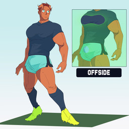 2_horns bottomwear brown_hair bulge clothed clothing fully_clothed hair horn male muscular muscular_male not_furry shirt shorts simple_background soccer_uniform solo sportswear text topwear uniform karina_farek drawfee_(copyright) luce_(karina_farek) demon demon_humanoid horned_humanoid humanoid mammal 1:1 digital_media_(artwork)