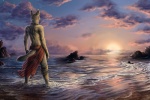 3:2 amazing_background amon_(rukis) anthro beach biped bottomwear canid canine canis clothed clothing cloud collar detailed detailed_background ear_piercing fur golden_jackal jackal male mammal metal_collar outside pants piercing rear_view red_lantern rock rocky_shore rukis sand sea seaside signature sky solo standing star sun sunrise topless water wave white_body white_fur