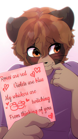 anthro athletic athletic_anthro athletic_male blush bodily_fluids brown_body brown_fur brown_hair clothed clothed_anthro clothed_male clothing cuddling daww embarrassed eyebrow_through_hair eyebrows fully_clothed fully_clothed_anthro fully_clothed_male fur hair happy heart_eyes heart_symbol holding_card holding_letter holding_object holidays male nails pink_background roses_are_red shirt shy shy_smile simple_background smile solo sweat t-shirt topwear translucent translucent_hair valentine's_day_card whiskers eipril valentine's_day cody_(eipril) domestic_ferret mammal mustelid musteline true_musteline weasel 2026 9:16 digital_drawing_(artwork) digital_media_(artwork) hi_res