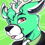 antlers black_body black_fur black_nose brown_eyes clothing fur green_background green_body green_fur horn looking_at_viewer male simple_background smile solo spots tongue tongue_out white_antlers white_body white_fur katsuke minty_(chris05478) deer mammal 1:1 icon low_res