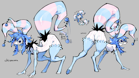 all_fours anthro bell blep blue_body blue_hair bodily_fluids breasts digitigrade featureless_crotch female female_anthro forked_tongue genital_fluids grey_background hair jester null pasties pawpads paws pink_body rear_view simple_background slim_anthro small_breasts small_waist solo striped_body stripes tail tail_motion tailwag thick_thighs tongue tongue_out wide_eyed wide_hips btascandalist imp mammal hi_res nonbinary_(lore)