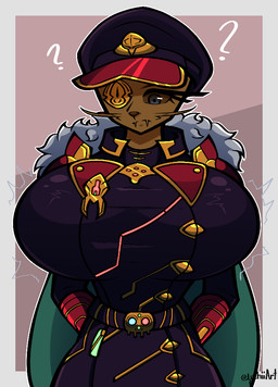 anthro big_breasts breast_expansion breasts cape clothed clothing confusion expansion eye_patch eyewear female front_view fully_clothed hat headgear headwear huge_breasts looking_at_self solo uniform whiskers lychii final_fantasy final_fantasy_xiv square_enix kisunya_(pinkfloofer) felid hrothgar mammal