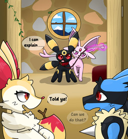 3_fingers 3_toes :3 ambiguous_anthro ambiguous_feral ambiguous_gender anthro arm_tuft biped black_body black_fur blue_body blue_fur blush blush_lines cheek_tuft chest_tuft cloud collar crossed_arms cute_fangs detailed_background digitigrade dipstick_tail ellipsis embarrassed exclamation_point eye_contact eyelashes facial_tuft fangs feet feral fingers forehead_gem front_view fur gem group inner_ear_fluff inside leash leashed_collar looking_at_another markings mountain nude_ambiguous nude_anthro open_mouth orange_eyes pointy_ears prick_ears psychic_powers purple_body purple_fur quadruped question question_mark red_body red_eyes red_fur red_inner_ear_fluff red_nose red_sclera red_tail_tip shoulder_tuft side_view smug speech_bubble spikes spikes_(anatomy) standing stick tail tail_markings teeth text toes tuft white_body white_fur window yellow_body yellow_fur yellow_tail lesuperiornut nintendo pokemon braixen canid eeveelution espeon generation_2_pokemon generation_4_pokemon generation_6_pokemon lucario mammal pokemon_(species) umbreon 2026 cel_shading colored digital_drawing_(artwork) digital_media_(artwork) english_description english_text hi_res shaded