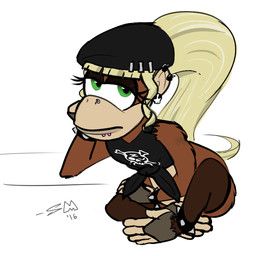 alternative_fashion anklet anthro blonde_hair bottomless bracelet brown_body brown_fur clothed clothing ear_piercing ear_ring eyeshadow facial_piercing female fur goth green_eyes hair hat headgear headwear jewelry logo long_hair looking_at_viewer makeup mall_goth nose_piercing nose_ring piercing ponytail ring_piercing simple_background solo spikes white_background shroudedmouse donkey_kong_(series) nintendo dixie_kong ape haplorhine kong mammal monkey primate 2016 colored_sketch digital_media_(artwork) sketch