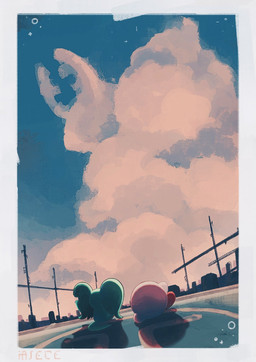 ambiguous_gender big_ears biped bipedal_feral border building cloud cloudy_sky day detailed_background duo dutch_angle feral fluffy fluffy_tail fur gesture hand_gesture notched_ear outside pink_body pointing raised_arm rear_view red_body semi-anthro side_by_side sitting sky tail teal_body teal_fur white_border bani_dog kirby_(series) kirby_and_the_forgotten_land nintendo elfilin fecto_elfilis kirby alien chinchilla chinchillid mammal rodent starling_(kirby) waddling_head 2026 constructed_language digital_drawing_(artwork) digital_media_(artwork) digital_painting_(artwork) fictional_language hi_res painting_(artwork) male_(lore)