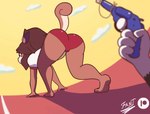 anthro athletic_wear bent_over bottomwear butt clothing disembodied_hand duo female gun gym_bottomwear gym_shorts looking_back ranged_weapon rear_view shaking_butt shorts sports_panties track_and_field weapon fantharubi nutallie_(fantharubi) mammal rodent sciurid tree_squirrel animated short_playtime