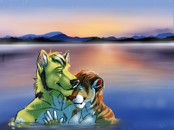 anthro breasts duo female hair heart_symbol lake male male/female outside partially_submerged romantic romantic_ambiance romantic_couple size_difference sunset swimming water doofus casey_(catc0ded) frizzle frizzlewolf_(character) american_lion canid canine canis felid mammal pantherine prehistoric_species wolf 4:3 absurd_res hi_res