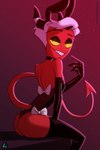 anthro butt choker clothed clothing gloves hair handwear jewelry leather leather_clothing leggings legwear looking_at_viewer male necklace playboy_bunny simple_background smile solo tail yellow_eyes prismanoodle_(artist) hazbin_hotel helluva_boss fan_character demon imp 2:3 hi_res