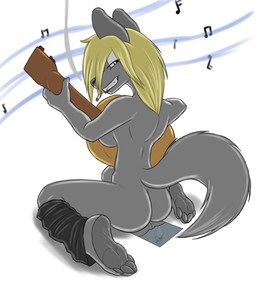 acoustic_guitar big_breasts breasts butt female genitals grin guitar looking_at_viewer mirror musical_instrument musical_note musical_symbol playing_guitar playing_music plucked_string_instrument smile solo string_instrument symbol tail vulva okamy