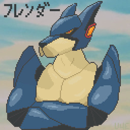 anthro blue_body crossed_arms machine male metallic_body pose red_eyes sky solo text yellow_body u4e neo-human_casshern friender_(casshern) android canid canine canis domestic_dog mammal robot 1:1 digital_media_(artwork) half-length_portrait japanese_text pixel_(artwork) portrait signature
