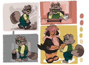 anthro barefoot bottomwear brown_body brown_fur clothed clothing duo eyewear feet footwear fur glasses grey_body grey_fur jacket male multicolored_body multicolored_fur overweight overweight_anthro overweight_male red_eyes sandals shaggy_hair shoes shorts shortstack shortstack_male solo topwear tuft two_tone_body two_tone_fur vest wide_hips yellow_sclera submarine_screw emmett_(submarine_screw) robin_(submarine_screw) canid canine canis domestic_dog mammal procyonid raccoon comic