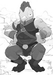 anthro avian bird bulge chicken chicken_dance clothed clothing crouching detailed_bulge epic_games erection erection_under_clothing fortnite galliform gallus_(genus) genital_outline huge_eyes male masshiro monochrome penis_outline phasianid silly_face solo tender_defender