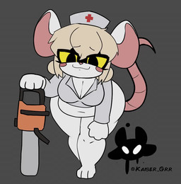 anthro belly blush breasts chainsaw clothing female grey_background headgear headwear looking_at_viewer navel nurse_clothing nurse_headwear nurse_uniform power_tool simple_background slightly_chubby solo thick_thighs tools uniform yellow_eyes kaiser_grr terrible_mouse lorna_(terrible_mouse) mammal mouse murid murine rodent animated
