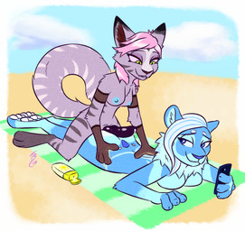animal_genitalia animal_penis anthro anthro_on_anthro blue_body blue_eyes blue_fur border breasts canine_genitalia canine_penis cellphone cloud duo electronics erection female fur genitals green_eyes gynomorph gynomorph/female hair holding_cellphone holding_object holding_phone hot_dogging intersex intersex/female knot lying nipples nude on_front outside penis phone pink_hair public sand sex sky straddling towel white_border theblueberrycarrots felid mammal 2020 archived_source hi_res