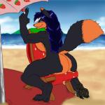 1:1 anthro beach biped black_body black_fur black_hair breasts butt candy canid canine chair claws collar dessert dipstick_tail female food fox fur furniture hair hi_res lollipop long_hair looking_back mammal markings multicolored_tail niko_(nikkyvix) nude on_chair open_mouth orange_body orange_fur outside purple_eyes sand seaside shadow_flareon sitting sitting_backwards sitting_on_chair smile solo straddling_chair tail tail_markings toe_claws umbrella