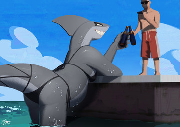 anthro bikini biped breasts butt clothed clothed_anthro clothed_female clothed_human clothed_male clothing countershade_torso countershading duo female fingers front_view gills male rear_view smile standing swimwear tail teeth two-piece_swimsuit el-k brea_(el-k) aquatic fish human mammal shark 2026 absurd_res digital_drawing_(artwork) digital_media_(artwork) hi_res