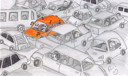 ambiguous_gender ambiguous_human anthro black_body black_fur car fur group inside_car inside_vehicle logo male male_human mouth_closed vehicle white_body white_fur young young_anthro young_male pandapaco bear giant_panda human mammal 2015 artist_logo partially_colored signature