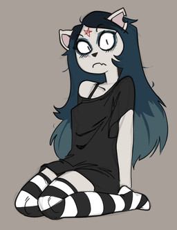 anthro blue_hair clothing duo female flustered fur green_hair grey_body grey_fur hair legwear multicolored_clothing multicolored_hair multicolored_legwear multicolored_thigh_highs occult_symbol oversized_clothing pattern_clothing pattern_legwear pentagram sitting solo striped_clothing striped_legwear stripes surprised symbol thigh_highs teelokay cartoon_hangover the_summoning claire_(the_summoning) domestic_cat felid feline felis mammal tagme