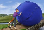 ambiguous_gender anthro blue_body blue_fur blueberry_inflation bridge button_(fastener) clothed clothing cloud detailed_background duo fur grass hill hyper hyper_inflation inflation lying male morbidly_obese morbidly_obese_anthro obese obese_anthro on_side open_mouth open_smile orange_body orange_fur outside overweight overweight_anthro plant river rolling smile spherical_inflation straining_buttons striped_body striped_fur stripes walking water lemurlemurovich canid canine felid mammal pantherine tiger hi_res