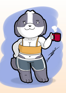 :3 anthro athletic_wear barefoot big_breasts bottomwear breasts chibi clothing coffee_mug container crotch_lines cup empty_eyes eyebrows feet female front_view fur grey_body grey_clothing grey_fur grey_tail gym_bottomwear gym_shorts hand_on_hip holding_coffee_mug holding_container holding_cup holding_mug holding_object looking_at_viewer low-riding midriff mug multicolored_body multicolored_fur navel orange_clothing raised_eyebrow shorts shortstack simple_background sleepwear steam stylized_empty_eyes tail d13w0tt_(artist) dogs_in_space netflix nomi_(dogs_in_space) canid canine canis domestic_dog mammal shih_tzu toy_dog hi_res