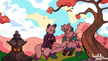3_toes anthro barefoot cherry_blossom clothed clothed_anthro clothing detailed_background duo feet flower fluffy fluffy_tail fur gloves_(marking) happy leaves_blowing leg_markings male markings multi_tail neck_tuft paws personal_grooming plant prunus_(flower) purple_ears socks_(marking) tail tail_brush toes tree tuft sonofan rook_(rookarino4277) canid canine fox mammal 16:9 animated digital_media_(artwork) hi_res pixel_(artwork) pixel_animation widescreen