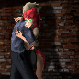 anthro blonde_hair bodily_fluids cigarette clothing drugged duo female hair male male/female ponytail red_hair romantic shirt substance_intoxication tail tattoo tears topwear shock_trooper_(artist) cavemanon_studios volcaldera_ashfall ashley_(volcaldera_ashfall) james_(volcaldera_ashfall) dinosaur dromaeosaurid human mammal prehistoric_species reptile saurischian scalie theropod 1:1 hi_res