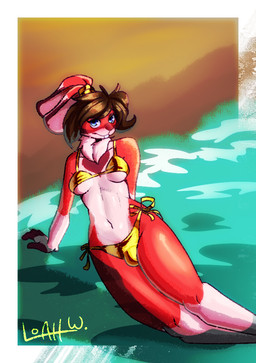 anthro beach bikini clothing female fur gold_bikini long_ears red_body red_fur solo swimwear trend two-piece_swimsuit loah_wunny lagomorph leporid mammal rabbit digital_drawing_(artwork) digital_media_(artwork)