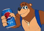 4_fingers anthro backpack beverage beverage_can biped blue_background blue_eyes brown_body brown_fur can claws container finger_claws fingers fur holding_beverage holding_can holding_container holding_object looking_at_viewer male simple_background smile solo tooth_necklace dinonugget_bird banjo-kazooie pepsi rareware banjo_(banjo-kazooie) bear mammal hi_res